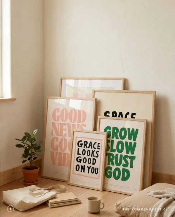 Grow Slow Trust God poster displayed with complementary Christian wall art