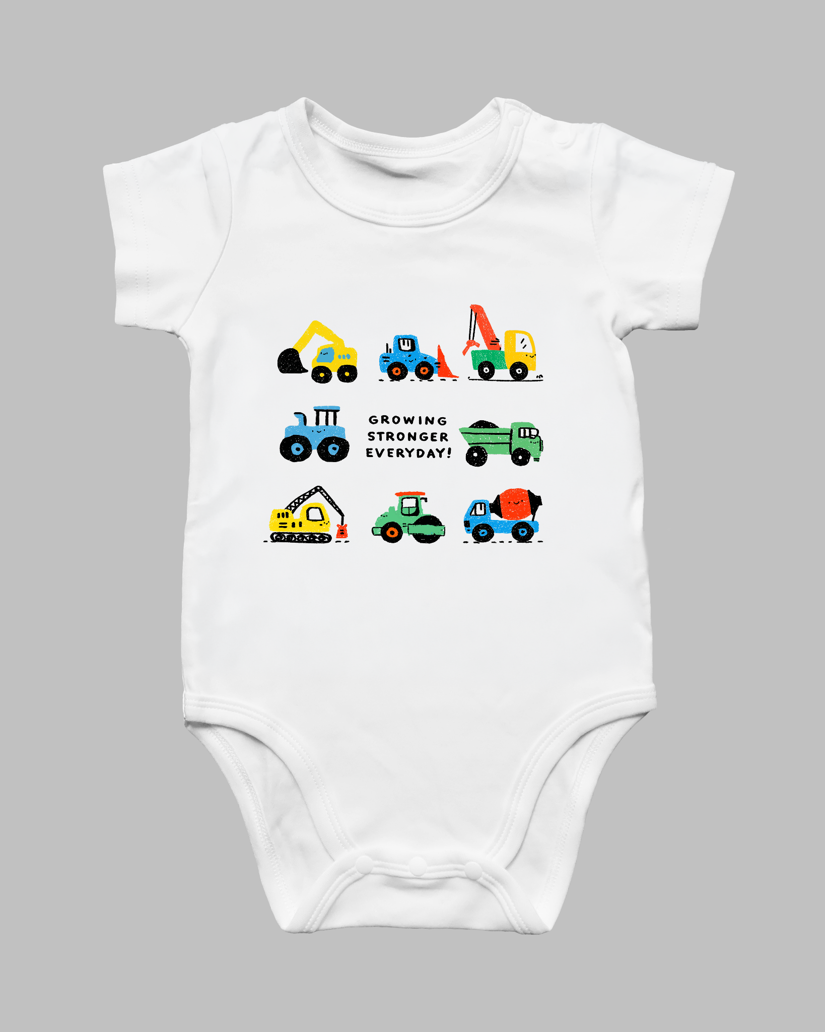 Growing Stronger Everyday construction vehicle baby romper product photo
