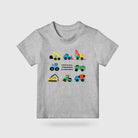 Grey kids T-shirt featuring colourful construction vehicles and the words Growing Stronger Everyday