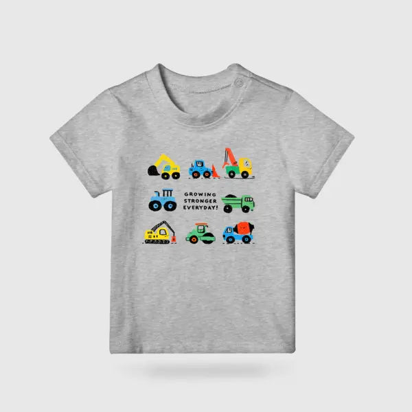 Grey kids T-shirt featuring colourful construction vehicles and the words Growing Stronger Everyday