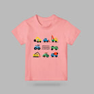 Pink kids T-shirt featuring colourful construction vehicles and the words Growing Stronger Everyday