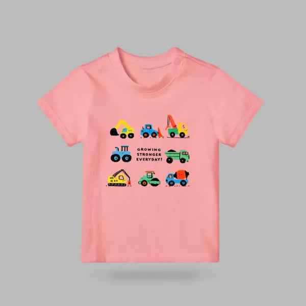 Pink kids T-shirt featuring colourful construction vehicles and the words Growing Stronger Everyday