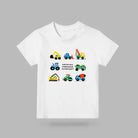 White kids T-shirt featuring colourful construction vehicles and the words Growing Stronger Everyday