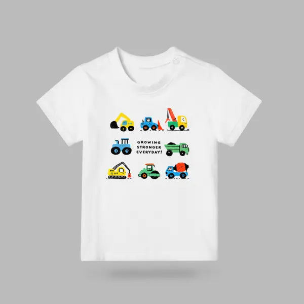 White kids T-shirt featuring colourful construction vehicles and the words Growing Stronger Everyday