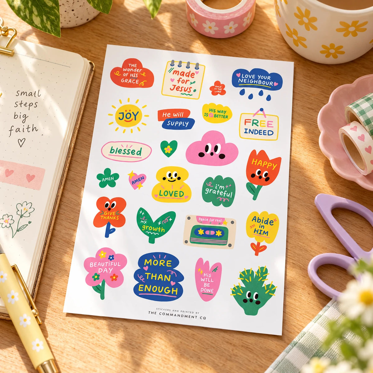 Growth Christian journaling sticker sheet on wooden stationery desk