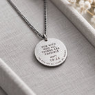 Gunmetal round necklace with Matthew 19:26 verse displayed on a grey jewellery tray