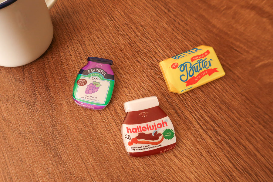 Hallelujah Chocolate Spread Christian acrylic pin lifestyle view.