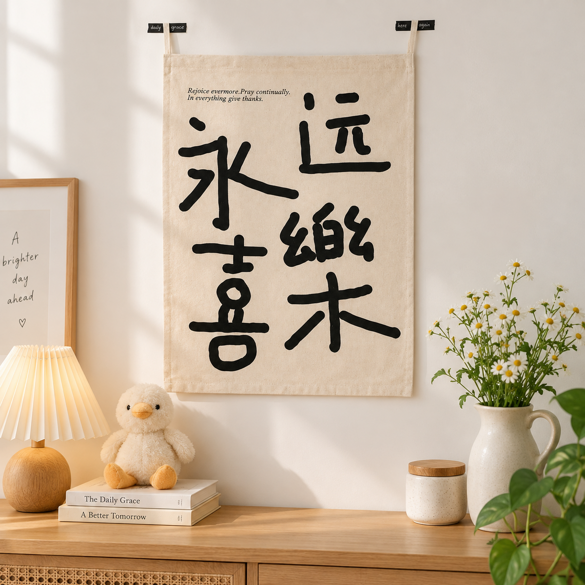 Happiness Chinese Christian wall tapestry displayed above a wooden console in a bright, cosy home.