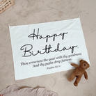 Happy Birthday Christian wall tapestry with Psalm 65:11 Bible verse on cotton linen fabric