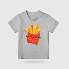 Grey kids’ T-shirt featuring a cheerful fries character with the words Happy Child of God