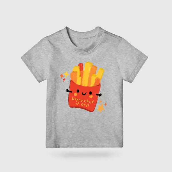 Grey kids’ T-shirt featuring a cheerful fries character with the words Happy Child of God