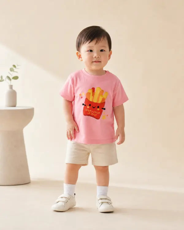Child wearing the pink Happy Child of God fries kids’ T-shirt