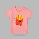 Pink kids’ T-shirt featuring a cheerful fries character with the words Happy Child of God