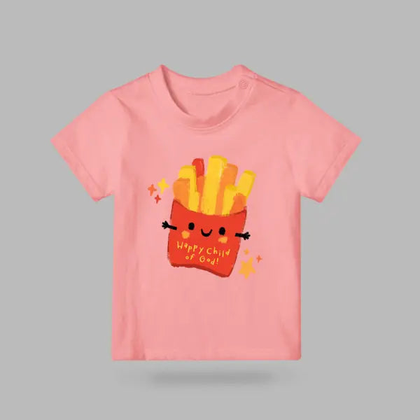 Pink kids’ T-shirt featuring a cheerful fries character with the words Happy Child of God