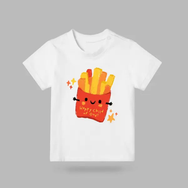 White kids’ T-shirt featuring a cheerful fries character with the words Happy Child of God