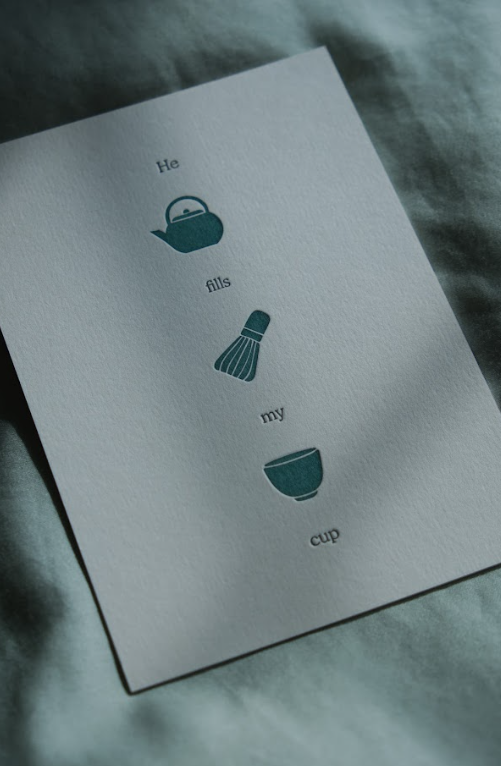 “He fills my cup” Christian encouragement card by Dorky Doe featuring minimalist teapot, whisk, and cup illustration.