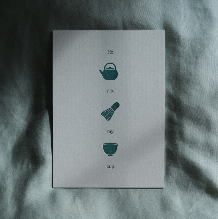 Minimalist Christian card by Dorky Doe with the words “He fills my cup” and symbolic teapot and cup illustration inspired by Psalm 23.