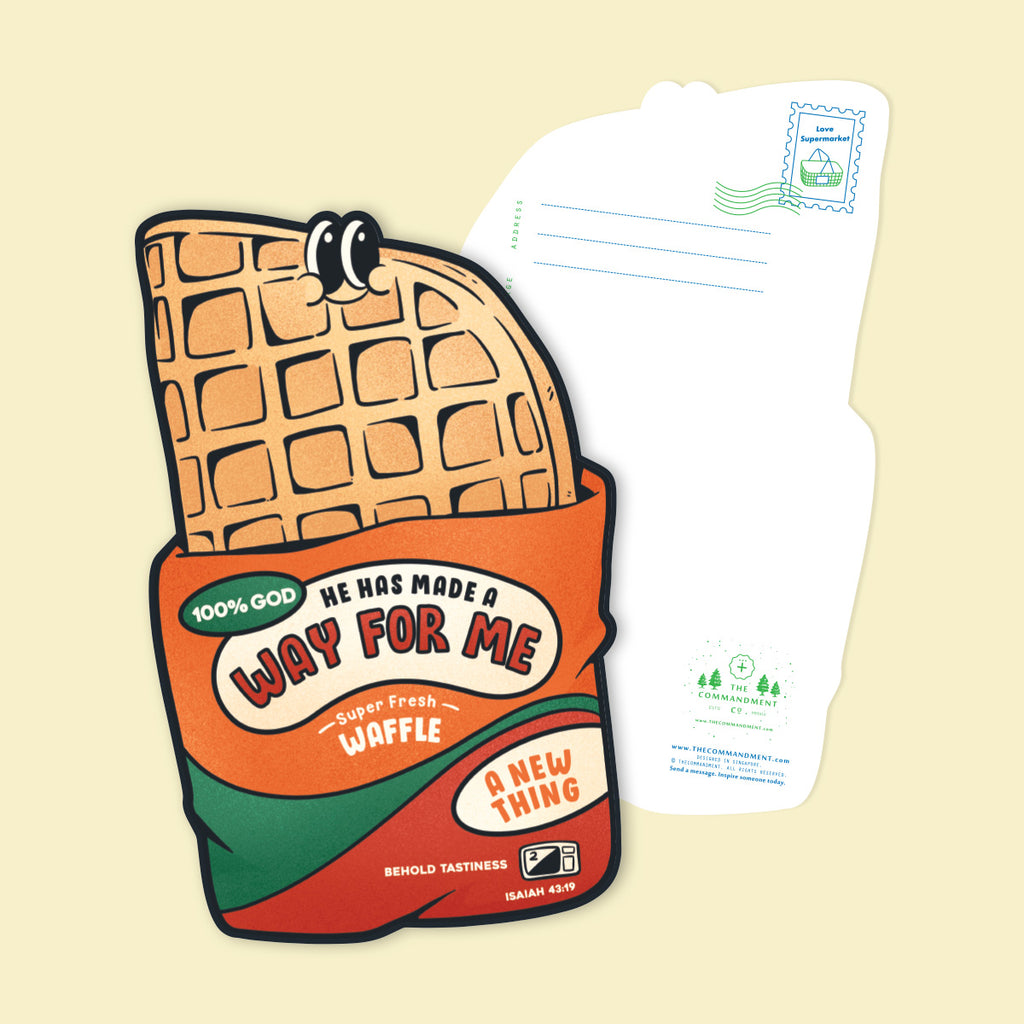 Christian postcard featuring 'He Has Made a Way for Me' waffle design with Isaiah 43:19 verse, part of the Love Supermarket series.