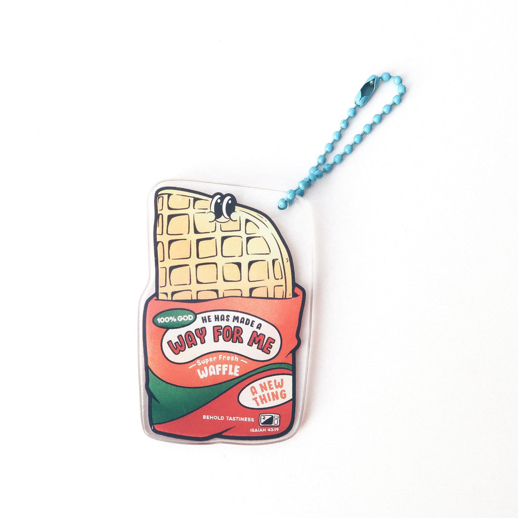 Christian keychain featuring a waffle design with the message ‘He Has Made a Way for Me’ and scripture Isaiah 43:19, symbolizing God’s new and fresh ways.