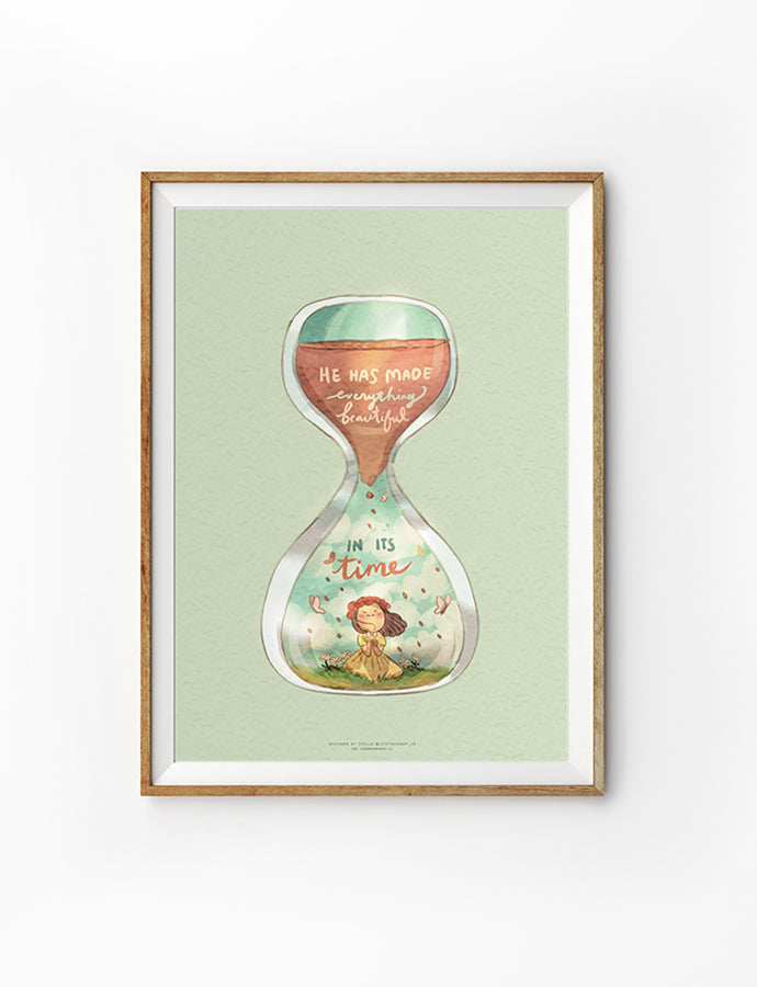 Christian wall art poster featuring an hourglass illustration with a girl surrounded by flowers and the quote “He has made everything beautiful in its time,” inspired by Ecclesiastes 3:11 (NLT). Encouraging Bible-themed artwork for home decor.