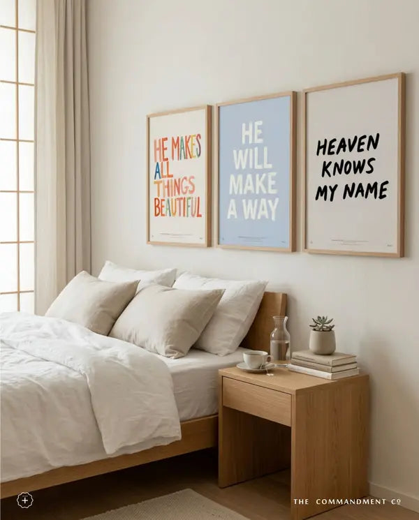 He Makes All Things Beautiful Christian wall art styled in a bright bedroom gallery