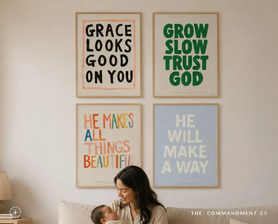 He Makes All Things Beautiful poster displayed in a colourful living room gallery wall