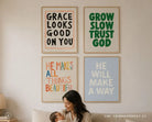 He Makes All Things Beautiful poster displayed in a colourful living room gallery wall