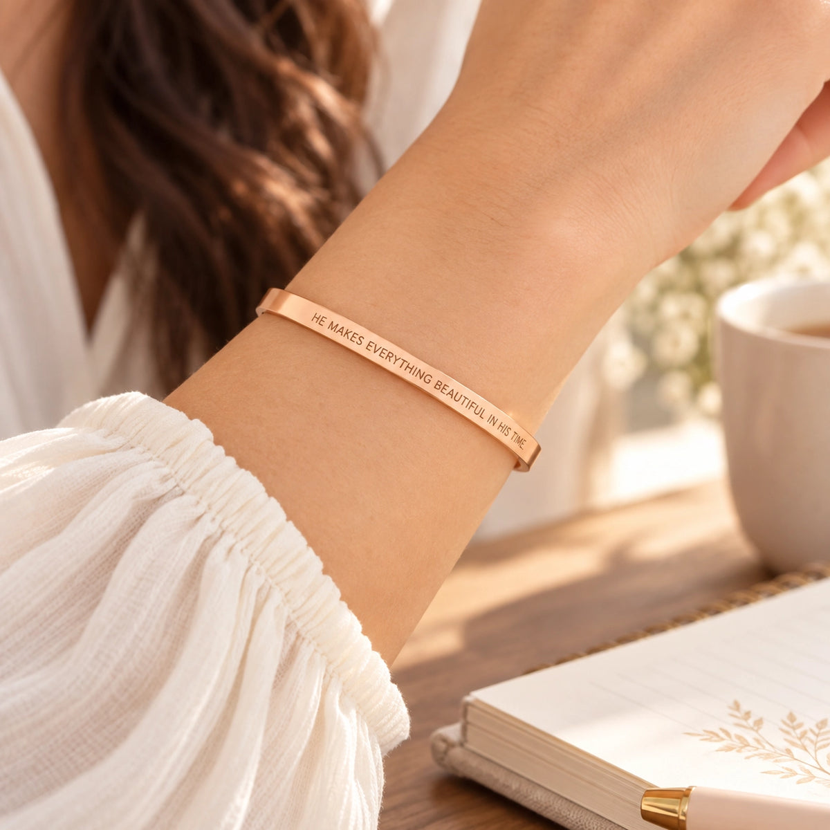 He Makes Everything Beautiful In His Time Classic Verse Band worn on wrist in a warm lifestyle setting