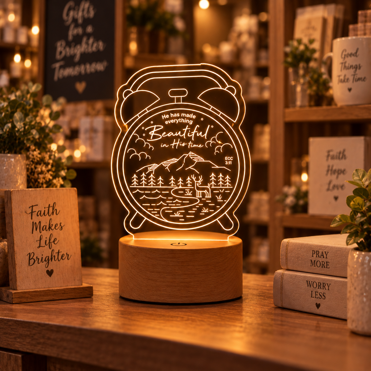 He Makes Everything Beautiful in His Time Christian night light glowing in a warm gift shop setting.