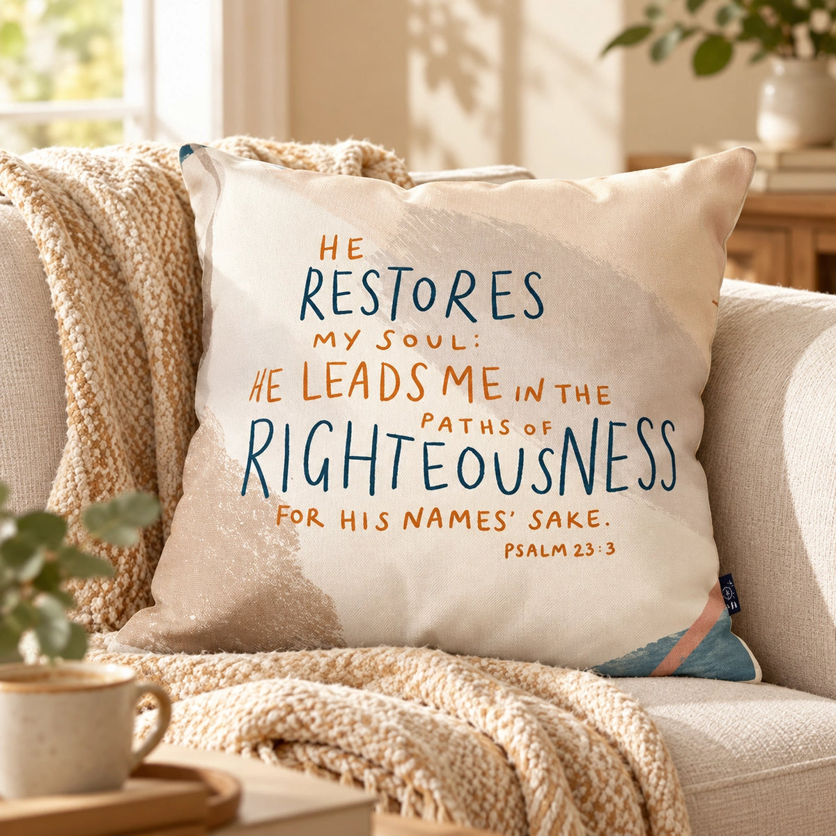 He Restores My Soul Psalm 23:3 Christian cushion cover styled on a cosy sofa