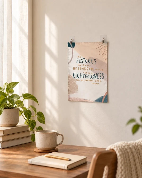 Small Psalm 23:3 He Restores My Soul wall tapestry hung using two wall-mounted clips over a wooden desk