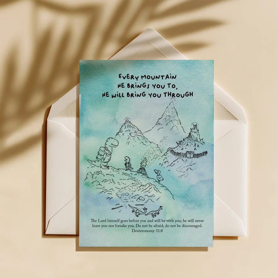 He Will Bring You Through Christian postcard with dinosaur mountain illustration and Deuteronomy 31:8 verse