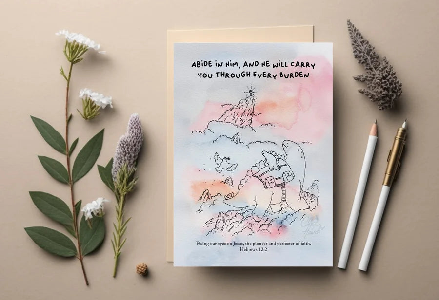 He Will Carry You Through Every Burden Christian postcard with dinosaur illustration and Hebrews 12:2 verse