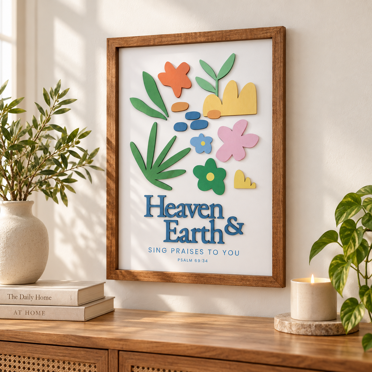 Heaven and Earth Sing Praises to You 3D wooden Christian poster displayed in a warm home interior.