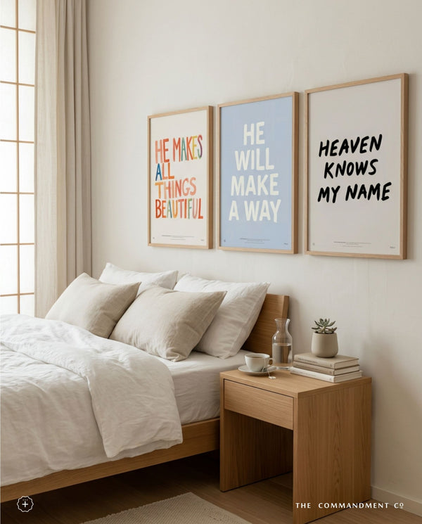 Heaven Knows My Name poster displayed in a neutral bedroom gallery wall
