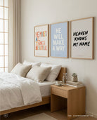 Heaven Knows My Name poster displayed in a neutral bedroom gallery wall