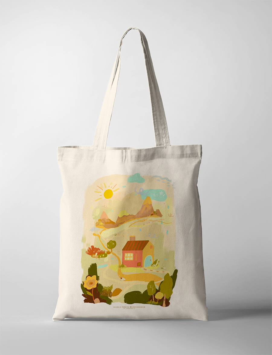 Christian tote bag featuring Hebrews 3:4 “For every house has a builder, but the one who built everything is God,” illustrated with a cozy house and sunlit mountain scenery.