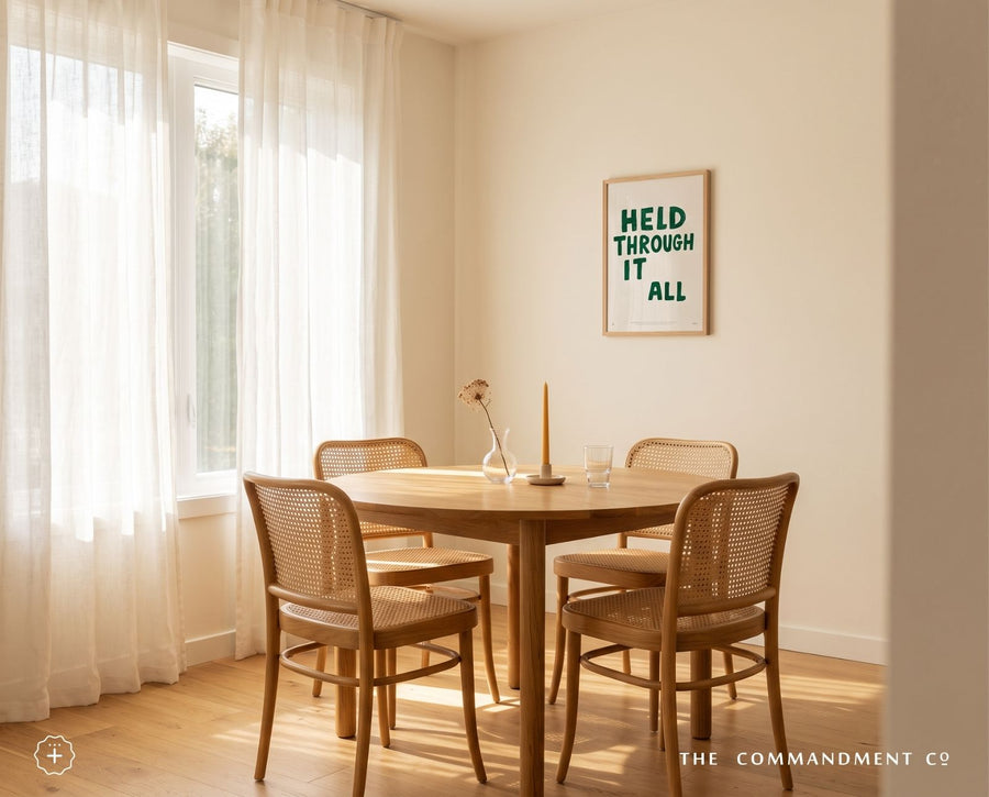 Held Through It All Christian poster styled in a sunlit dining room