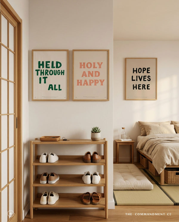 Held Through It All poster displayed in a warm entryway gallery wall