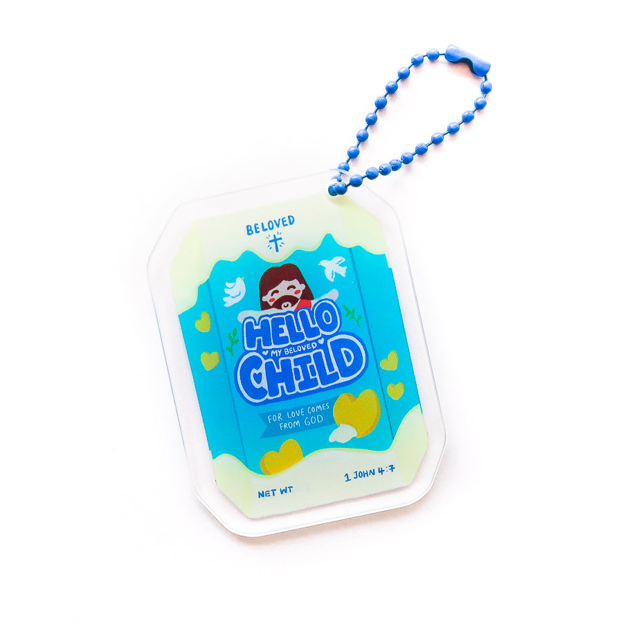 Hello My Beloved Child Biscuit acrylic keychain from the Love Supermarket collection