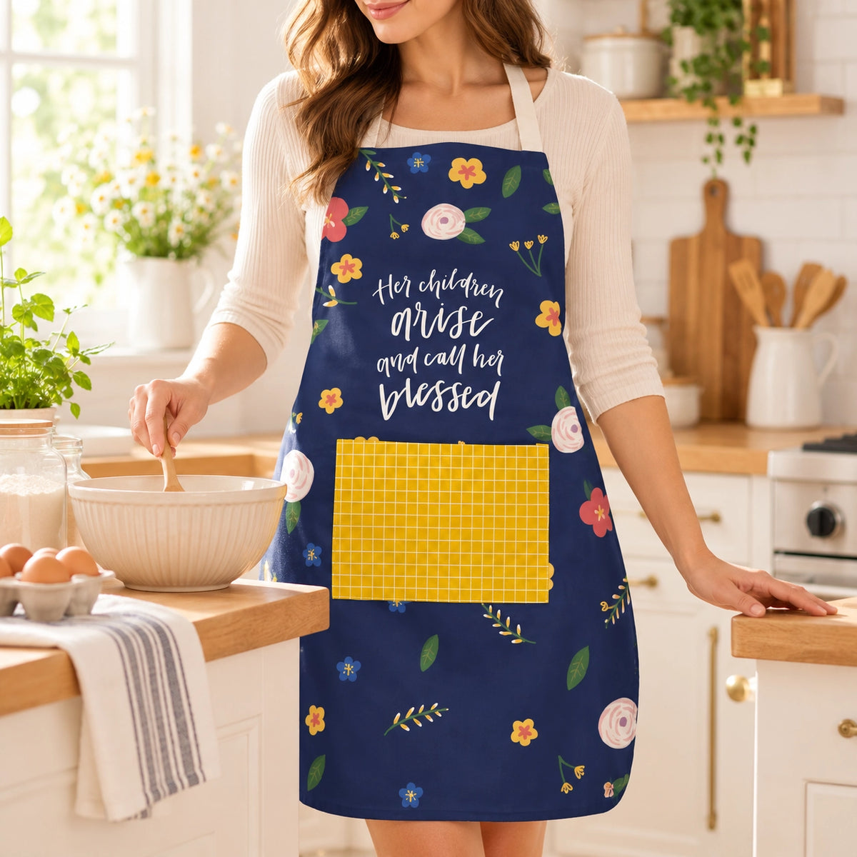 Her Children Arise and Call Her Blessed Christian apron worn while baking in a bright warm home kitchen
