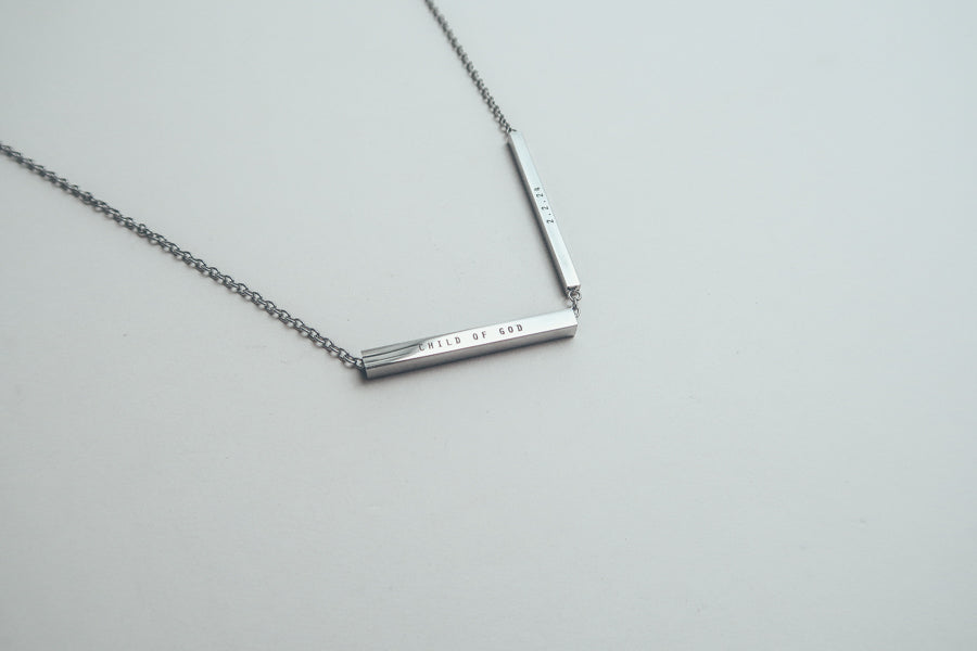 Personalised Hidden Message bar necklace lifestyle view.