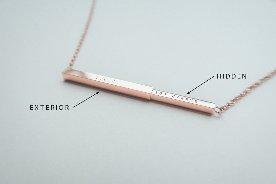 Hidden engraving detail on J&Co Foundry personalised bar necklace.