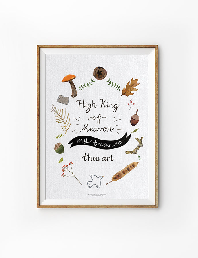 Christian hymn poster featuring “High King of heaven, my treasure thou art” with nature-inspired illustrations
