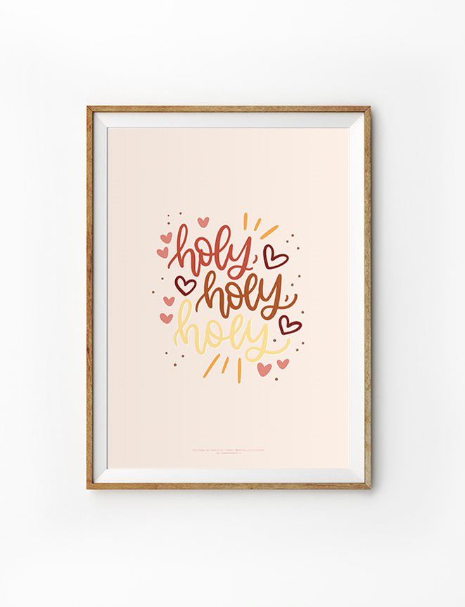 A faith-based poster featuring the words 'Holy, Holy, Holy' in warm, earthy typography with red and gold hand-drawn hearts and decorative dots. The minimalist Christian wall art has a soft beige background, framed in a simple wooden frame, making it a perfect decor piece for a faith-inspired home or prayer space.