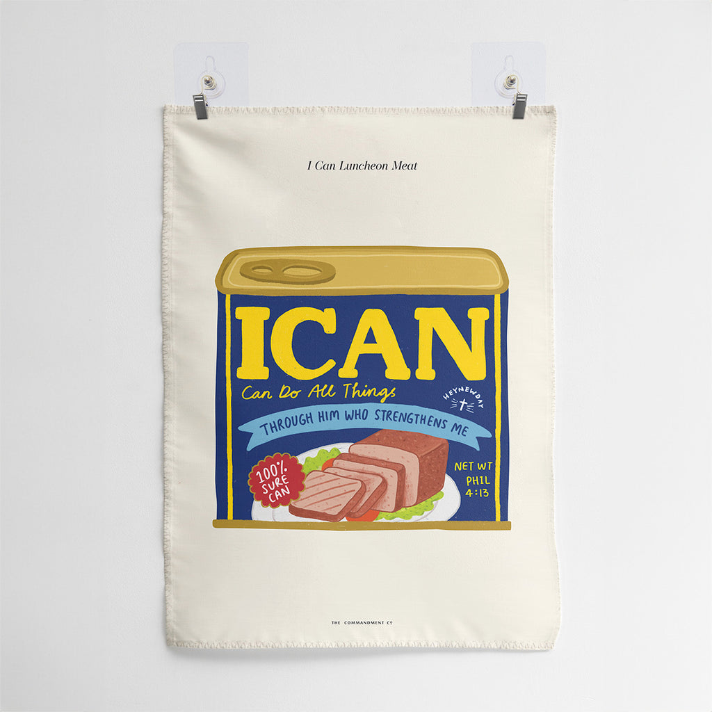 Wall tapestry featuring a luncheon meat can design with the phrase 'I Can Do All Things Through Him Who Strengthens Me,' inspired by Philippians 4:13 for Christian home decor.