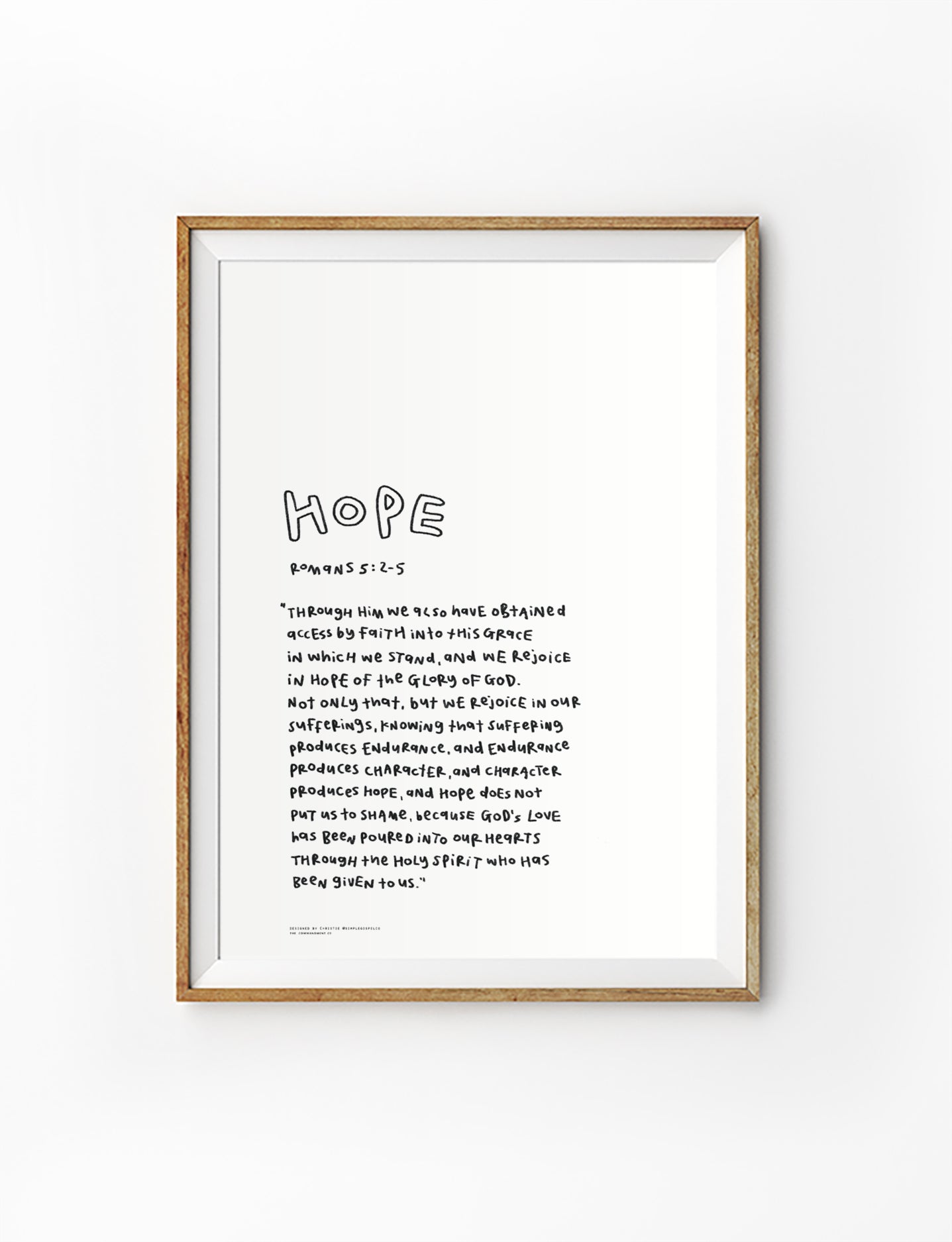 Hope Bible verse poster featuring Romans 5:2-5 in a simple handwritten style, displayed in a framed wall art mockup.