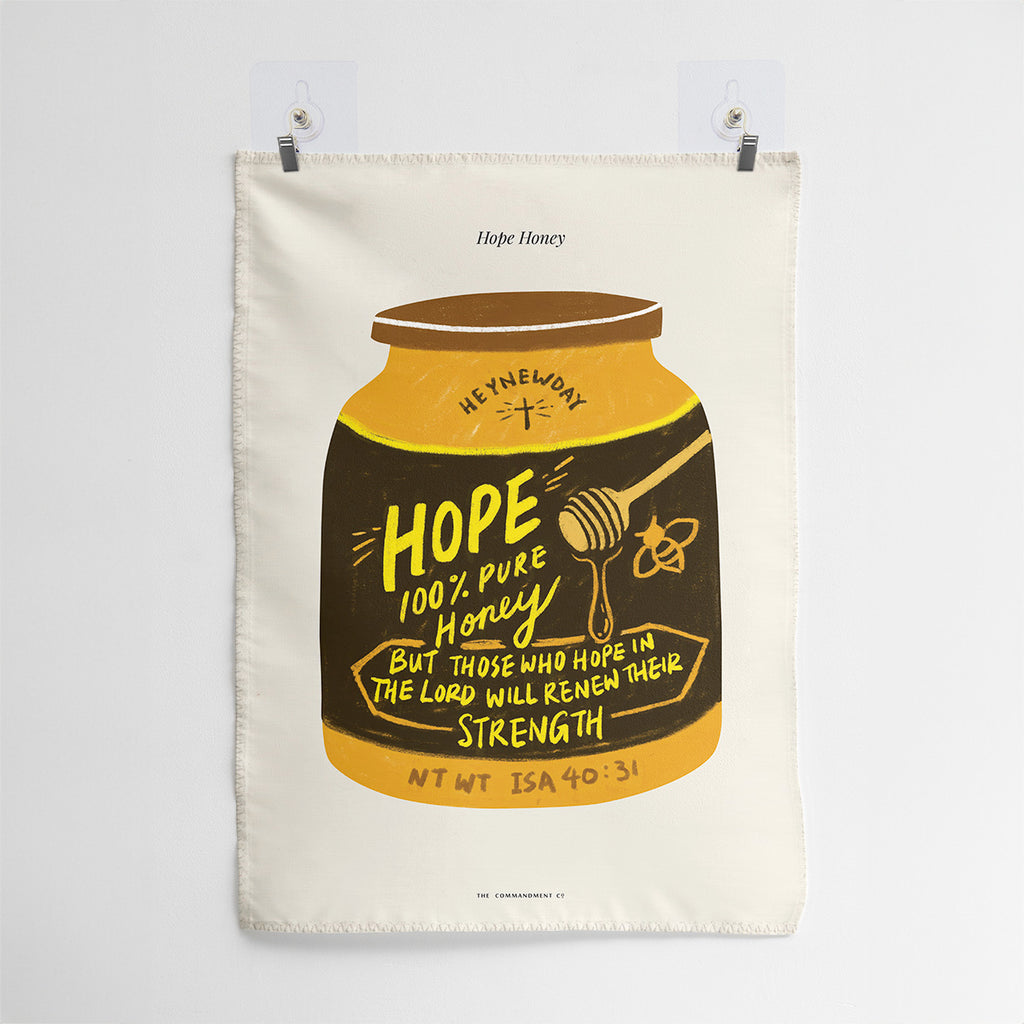 Illustrative Christian wall art featuring a honey jar labeled 'Hope Honey,' inspired by Isaiah 40:31, symbolizing renewal of strength through faith in the Lord.