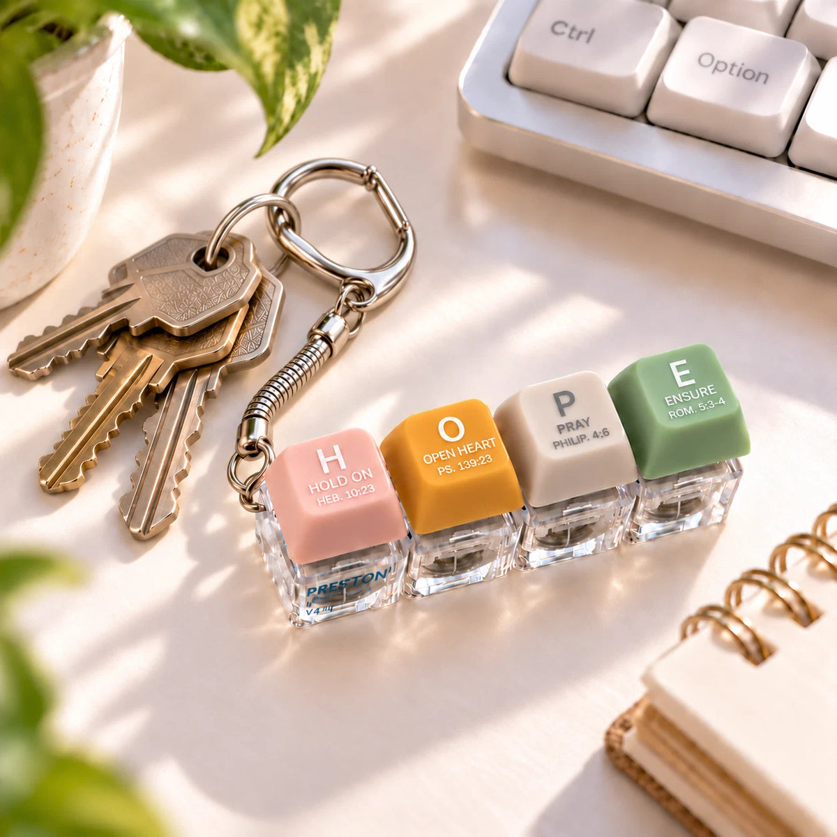HOPE press-on light-up keycap keychain attached to a set of keys on a bright desk.