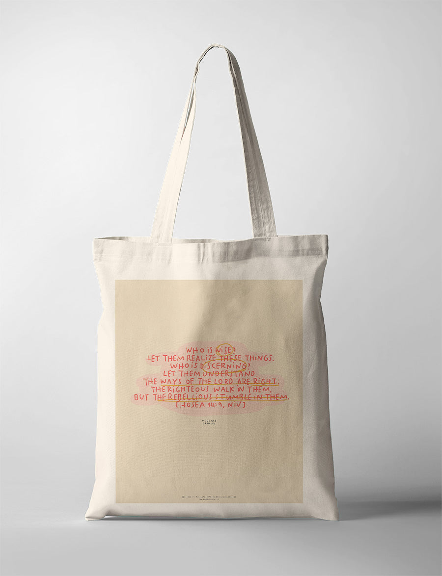 Christian canvas tote bag featuring Hosea 14:9 Bible verse design, created in collaboration with Moojigae Drawing, minimalist faith-based tote bag